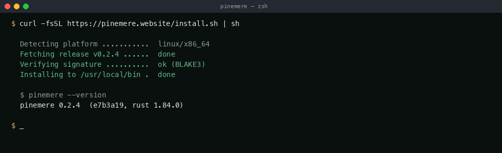 pinemere install terminal screenshot